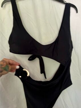 Black One-Piece Cutout Swimsuit with Gold Ring